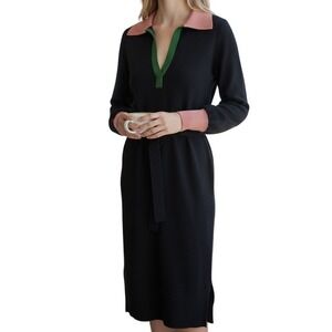 BODEN Navy Knit Sweater Dress Pink Green L/S Belted Wool Blend NWT Size‎ 4